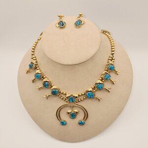 !8K Gold Squash Blossom Necklace with Kingman Web Turquoise